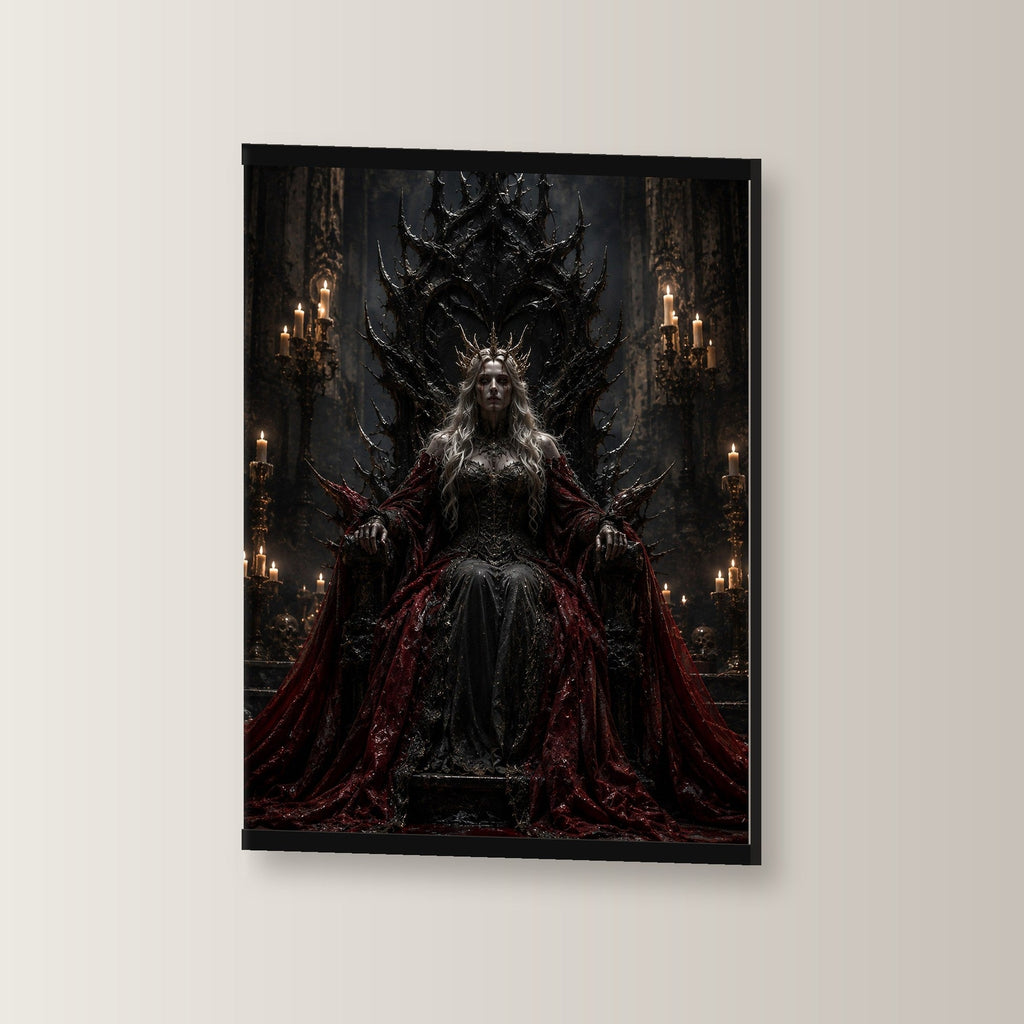 Die Dunkelkönigin als Poster mit schwarzer Holzleiste, leicht gedreht an der Wand fotografiert