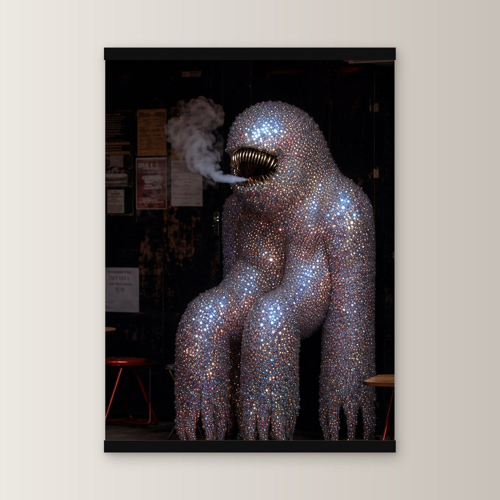 Der Diamant-Silberrücken als Poster mit schwarzer Holzleiste, gerade von vorn an heller Wand