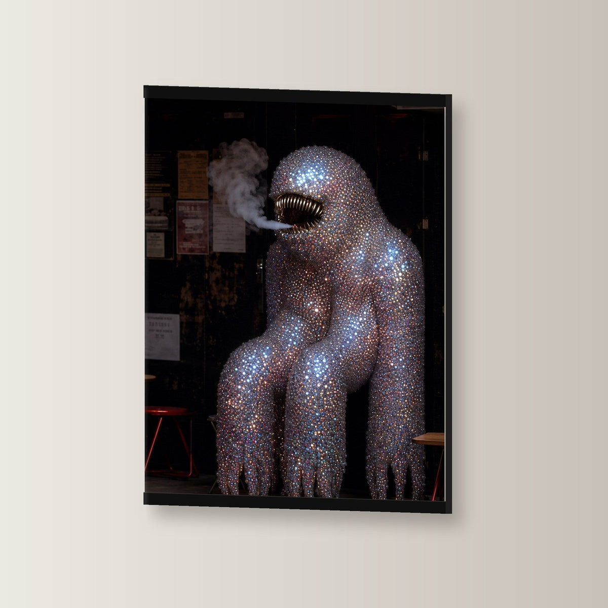 Der Diamant-Silberrücken als Poster mit schwarzer Holzleiste, leicht gedreht an der Wand fotografiert