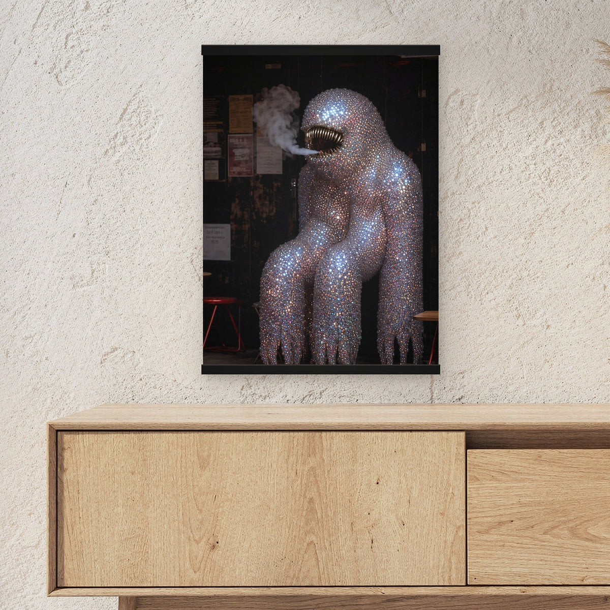 Der Diamant-Silberrücken als Poster mit schwarzer Holzleiste ueber einem Sideboard, zeigt die Groesse im Raum