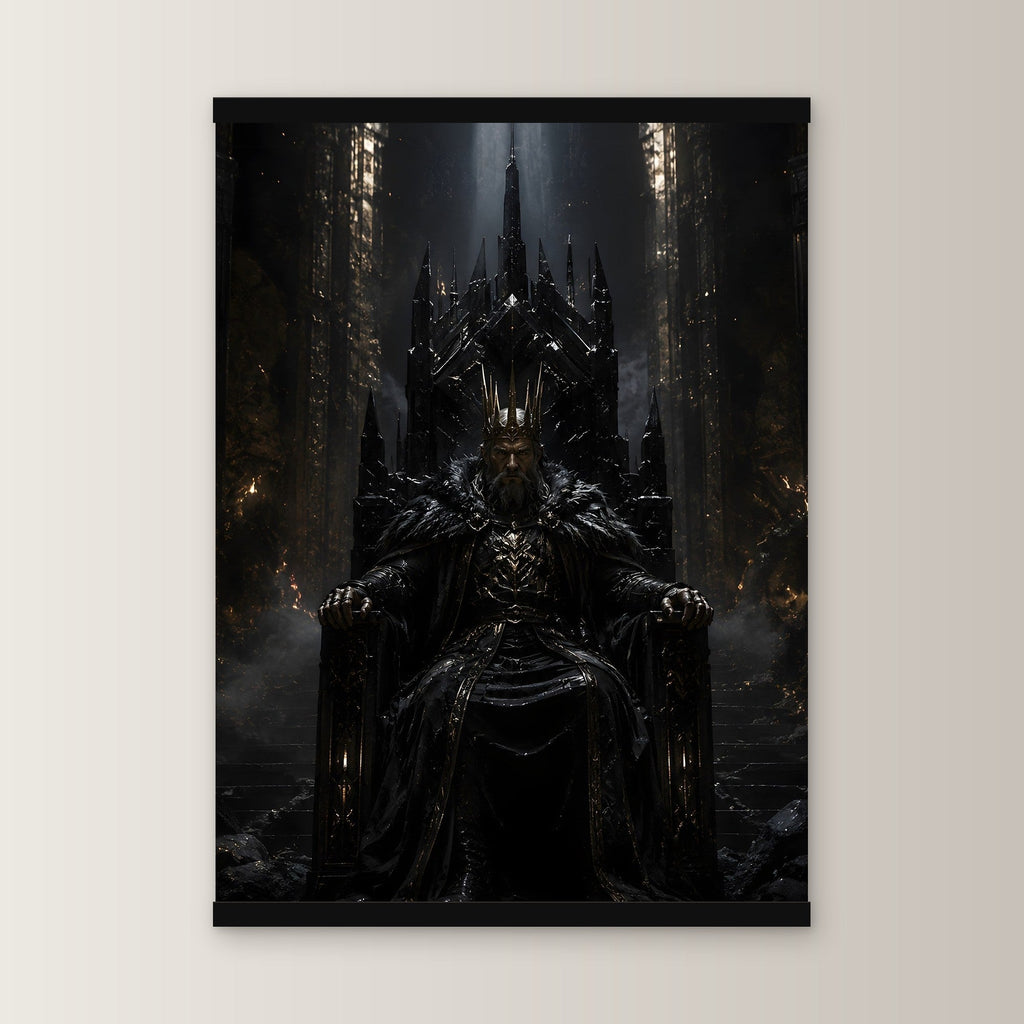 Der Dunkle Thron als Poster mit schwarzer Holzleiste, gerade von vorn an heller Wand