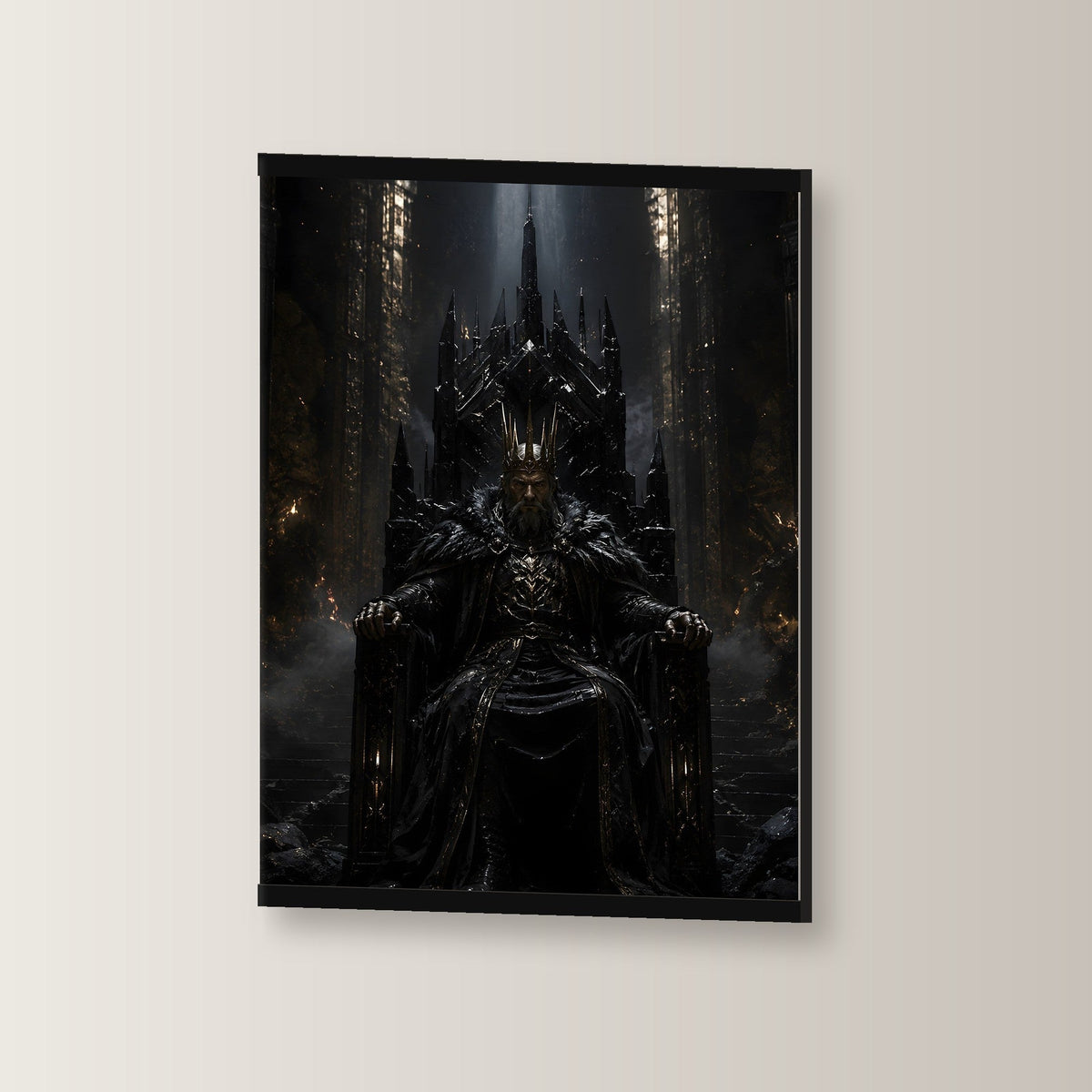 Der Dunkle Thron als Poster mit schwarzer Holzleiste, leicht gedreht an der Wand fotografiert