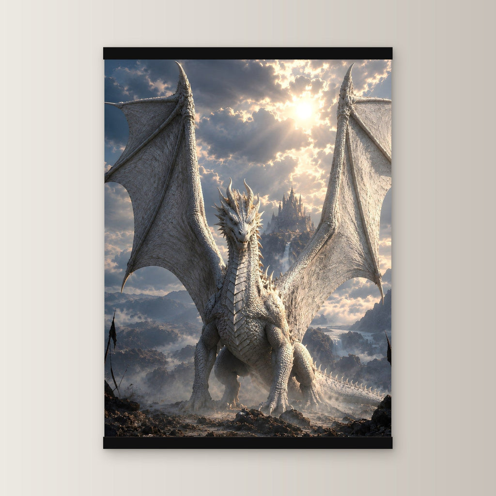 Der Elfenbeindrache als Poster mit schwarzer Holzleiste, gerade von vorn an heller Wand