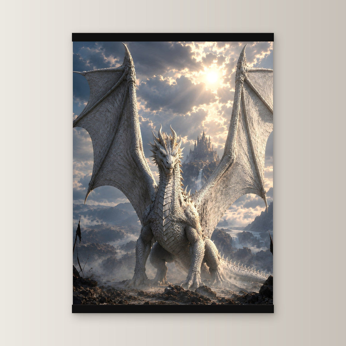 Der Elfenbeindrache als Poster mit schwarzer Holzleiste, gerade von vorn an heller Wand