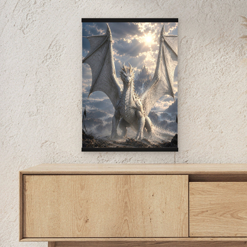 Der Elfenbeindrache als Poster mit schwarzer Holzleiste ueber einem Sideboard, zeigt die Groesse im Raum
