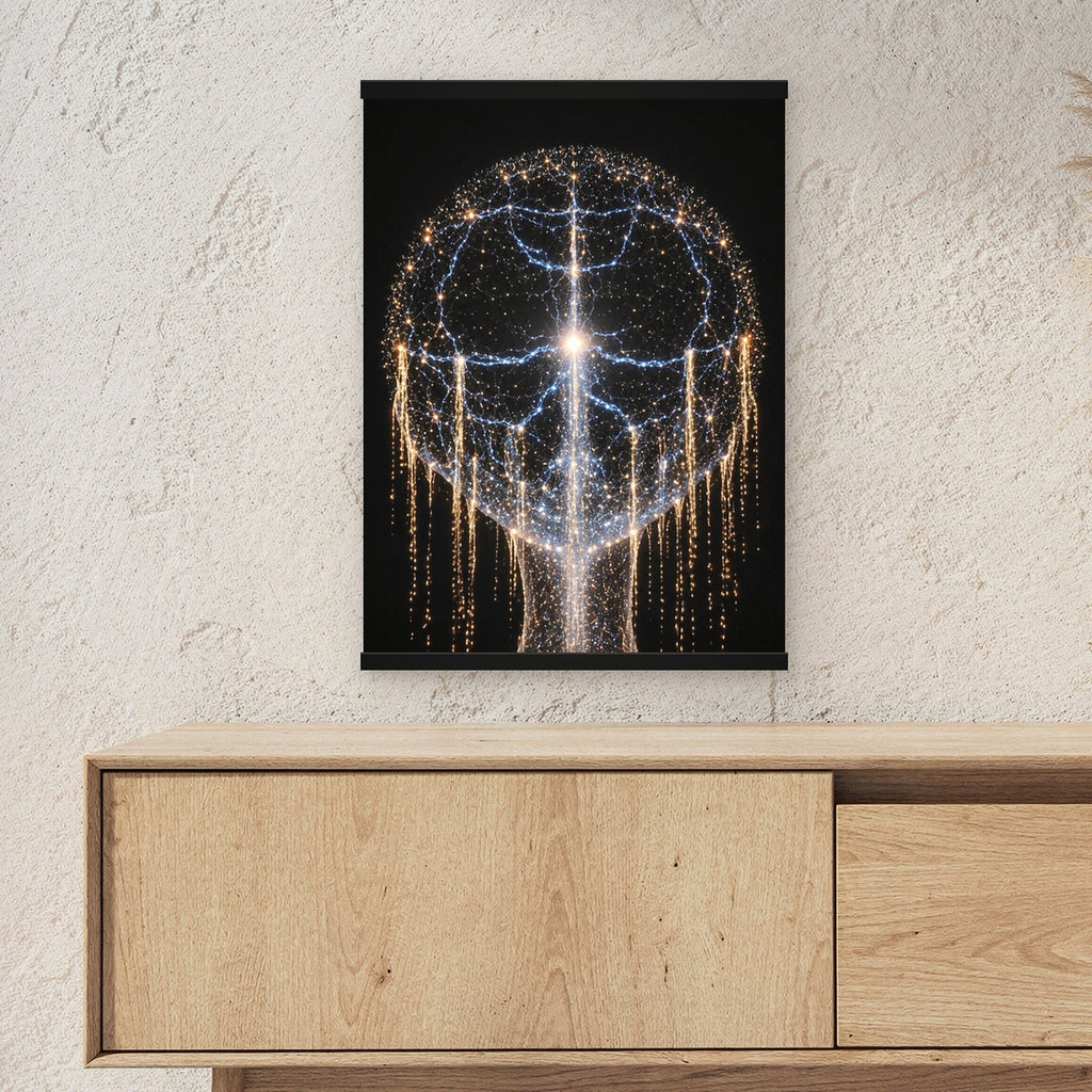 Erwachen des Geistes als Poster mit schwarzer Holzleiste ueber einem Sideboard, zeigt die Groesse im Raum