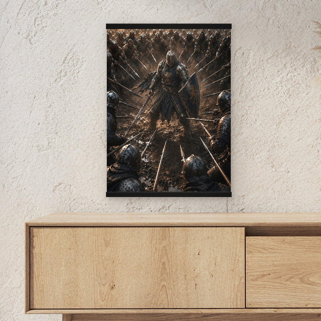 Einer gegen alle als Poster mit schwarzer Holzleiste ueber einem Sideboard, zeigt die Groesse im Raum