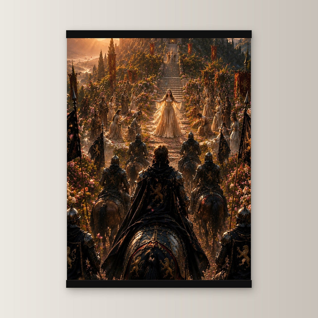 Der Empfang als Poster mit schwarzer Holzleiste, gerade von vorn an heller Wand