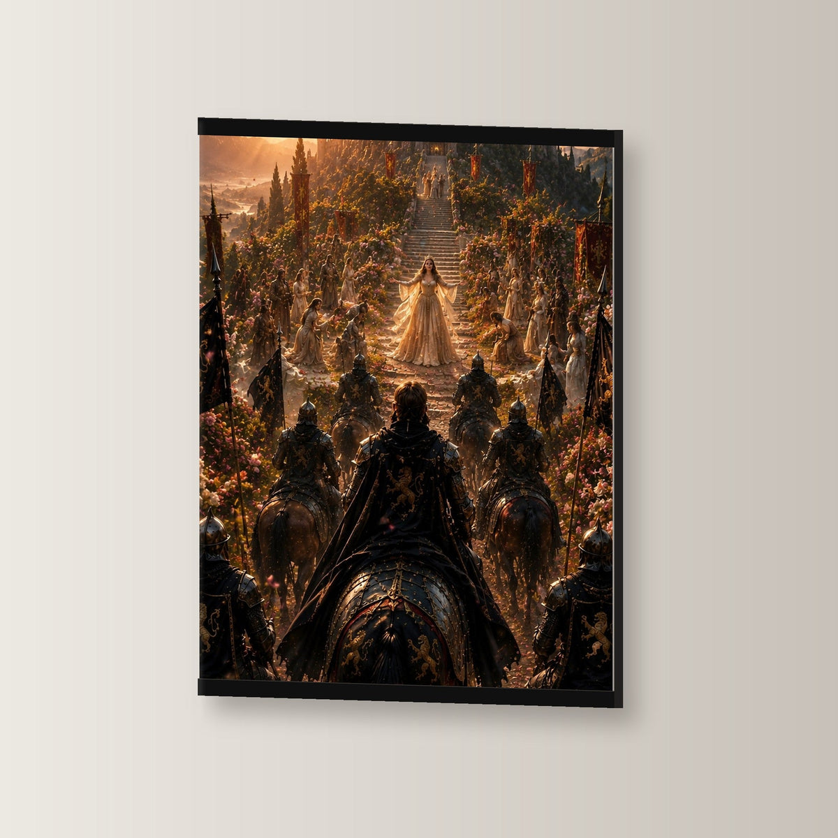 Der Empfang als Poster mit schwarzer Holzleiste, leicht gedreht an der Wand fotografiert