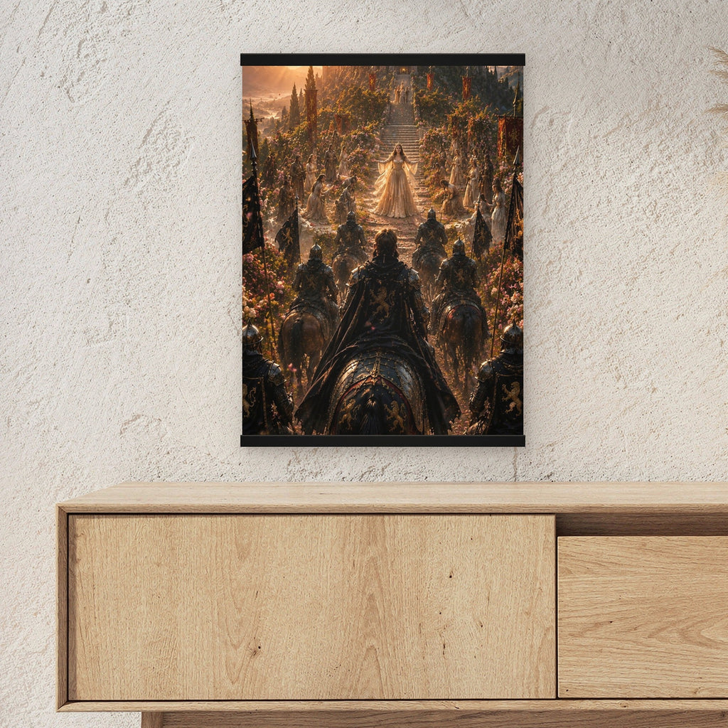 Der Empfang als Poster mit schwarzer Holzleiste ueber einem Sideboard, zeigt die Groesse im Raum