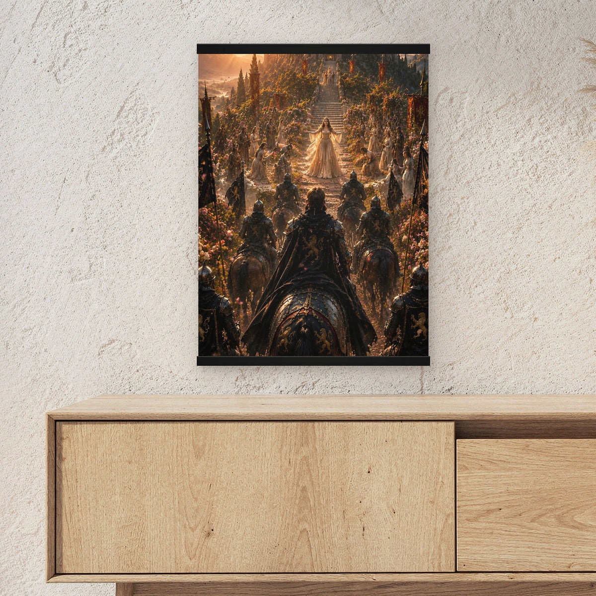 Der Empfang als Poster mit schwarzer Holzleiste ueber einem Sideboard, zeigt die Groesse im Raum