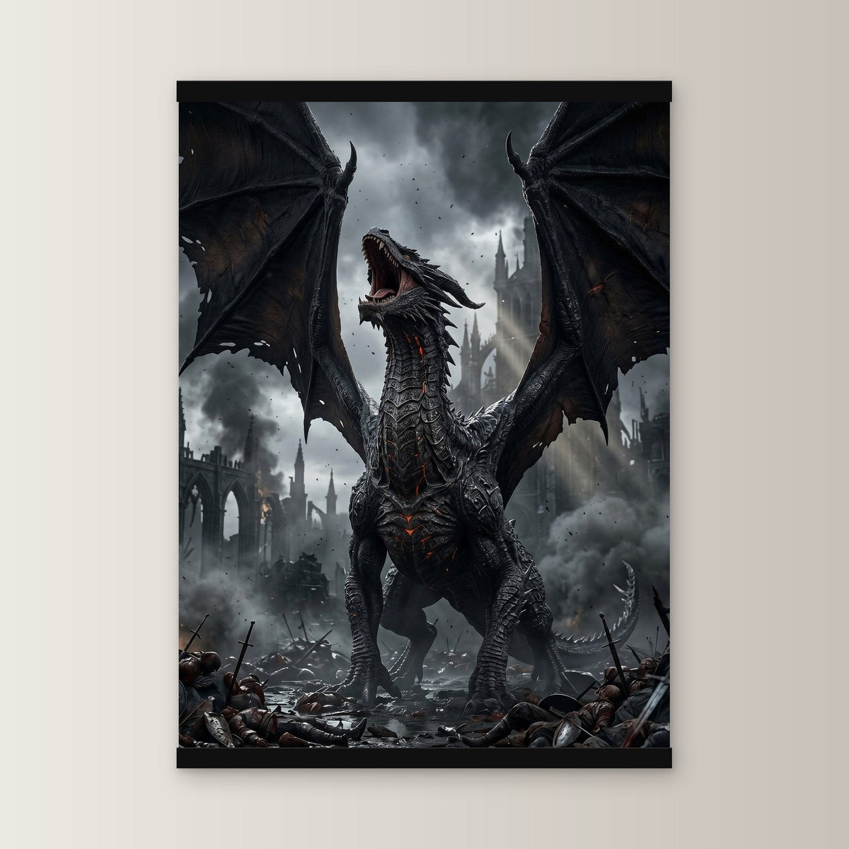 Das Erwachen des Schwarzen Drachen als Poster mit schwarzer Holzleiste, gerade von vorn an heller Wand