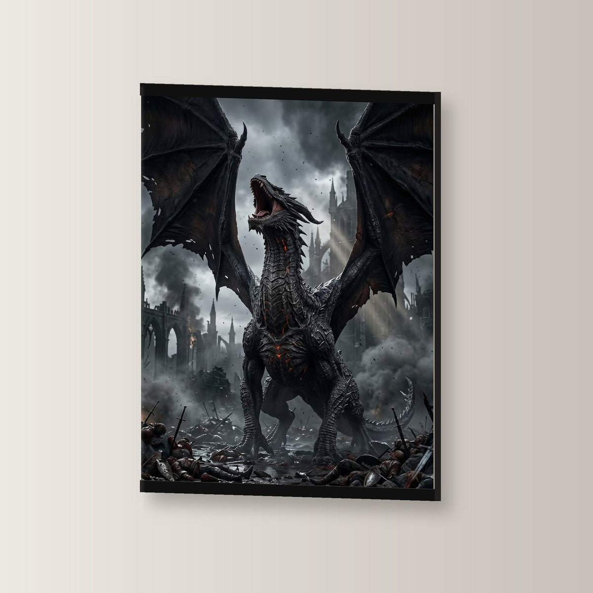 Das Erwachen des Schwarzen Drachen als Poster mit schwarzer Holzleiste, leicht gedreht an der Wand fotografiert