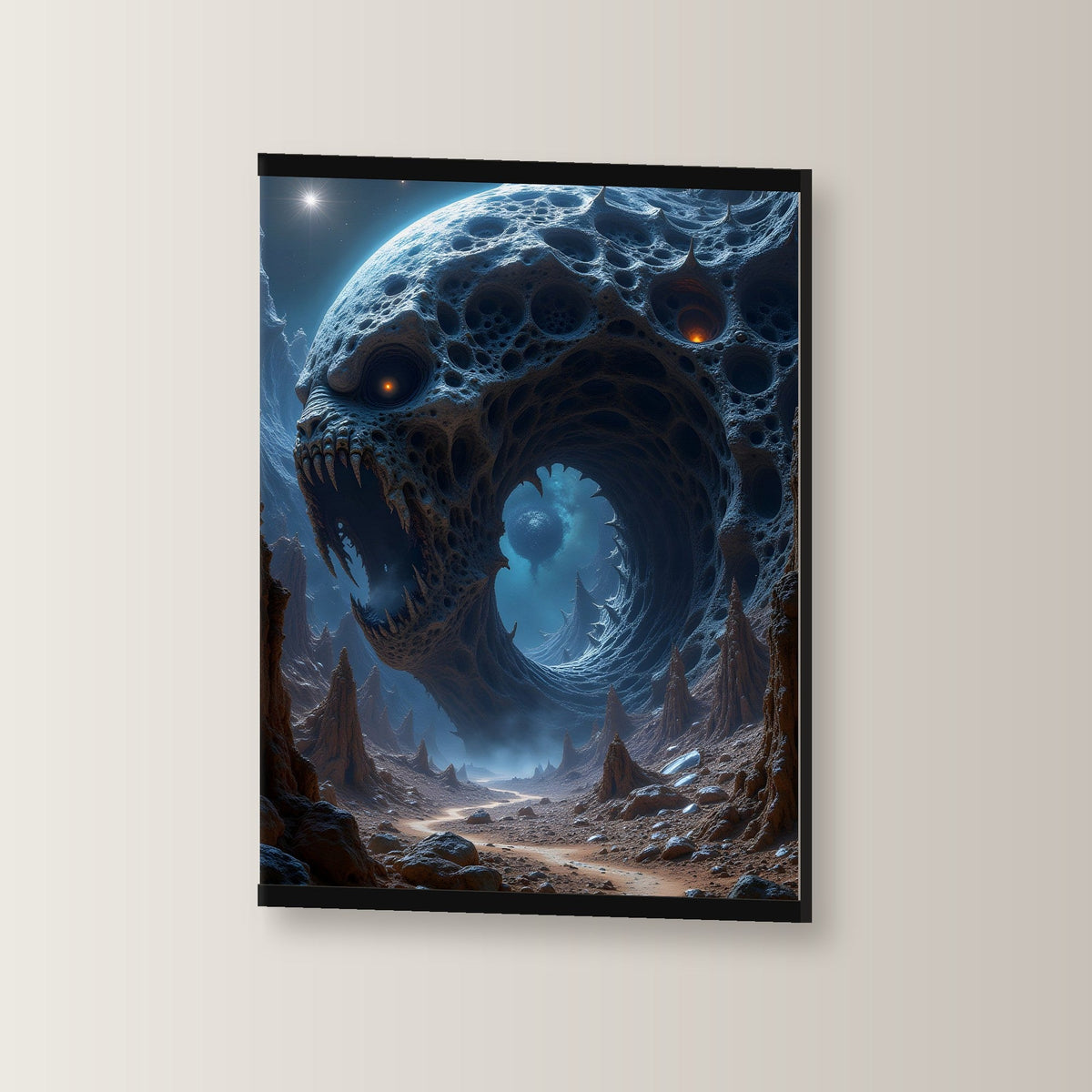 Der Ewige Schlund als Poster mit schwarzer Holzleiste, leicht gedreht an der Wand fotografiert