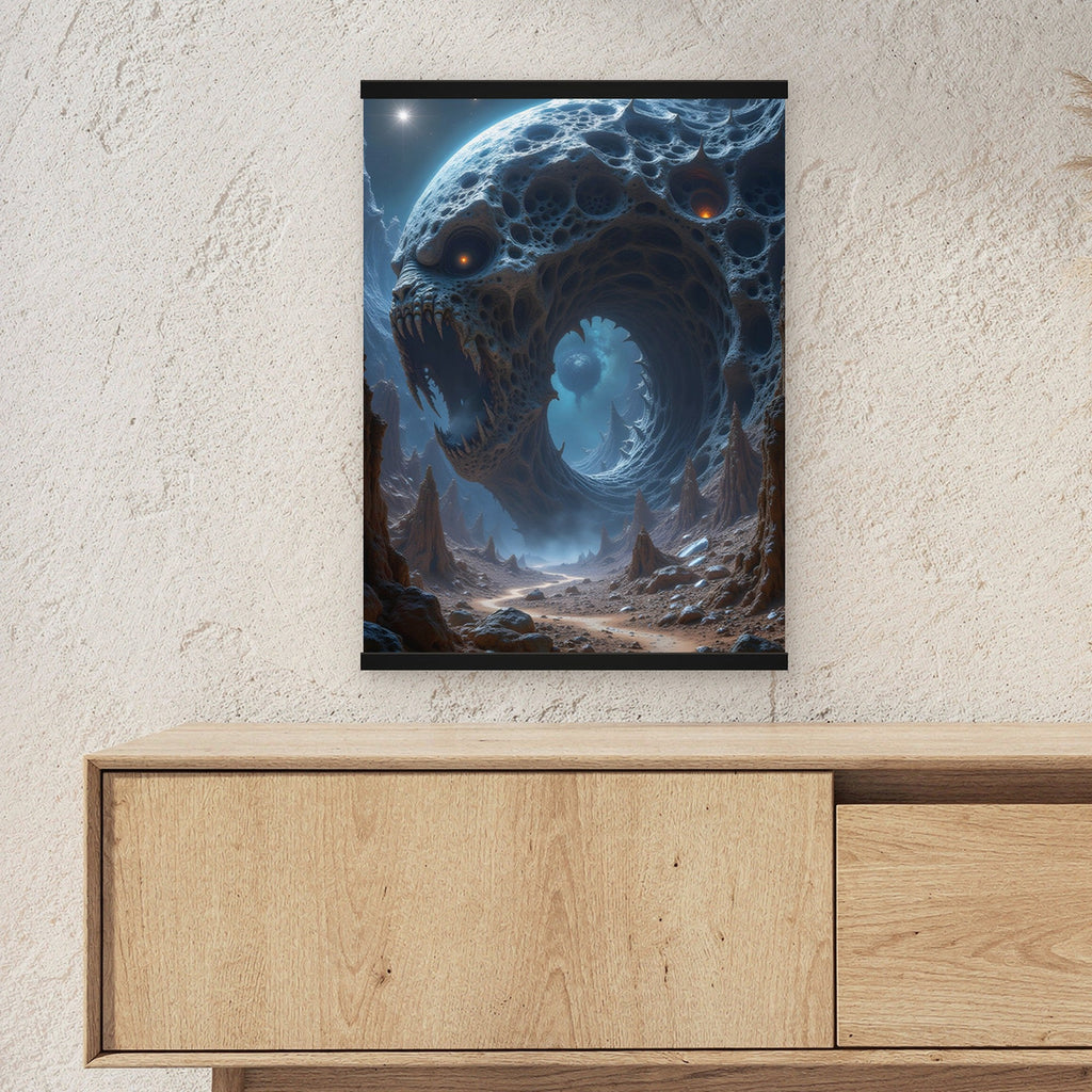 Der Ewige Schlund als Poster mit schwarzer Holzleiste ueber einem Sideboard, zeigt die Groesse im Raum