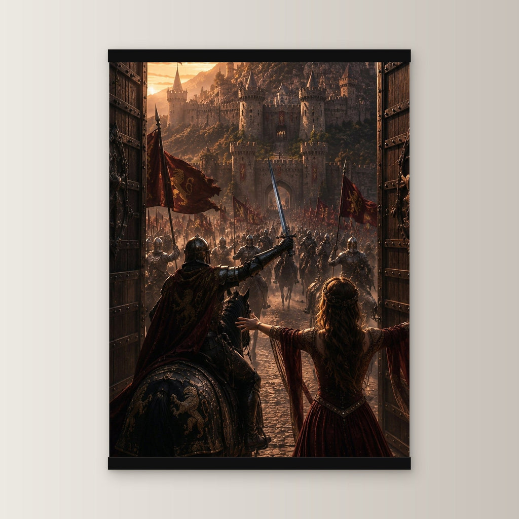 Endlich zu Hause als Poster mit schwarzer Holzleiste, gerade von vorn an heller Wand