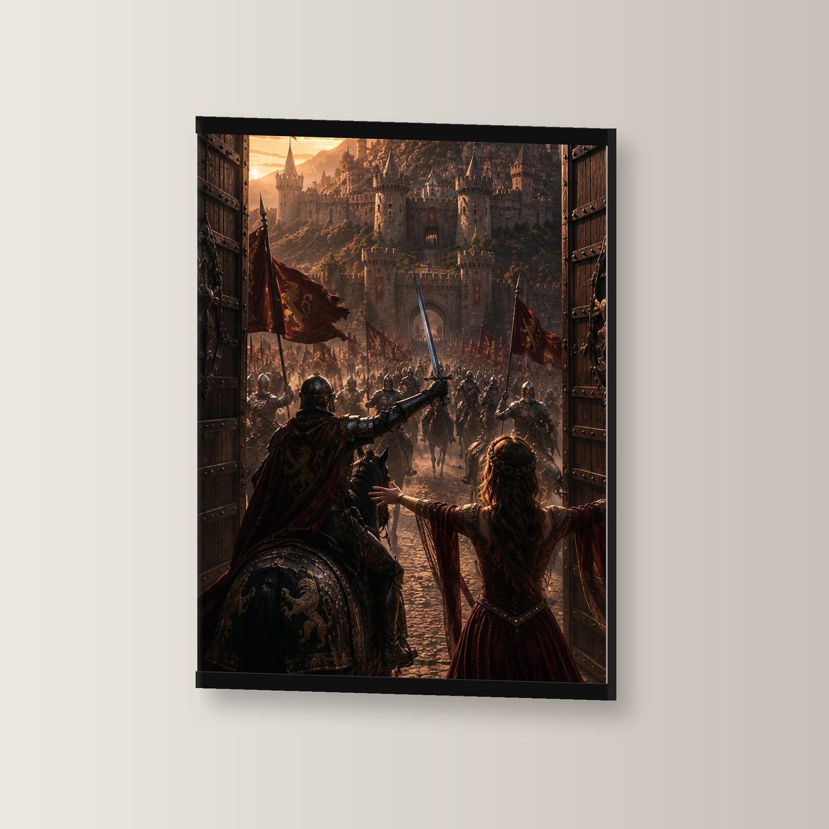 Endlich zu Hause als Poster mit schwarzer Holzleiste, leicht gedreht an der Wand fotografiert