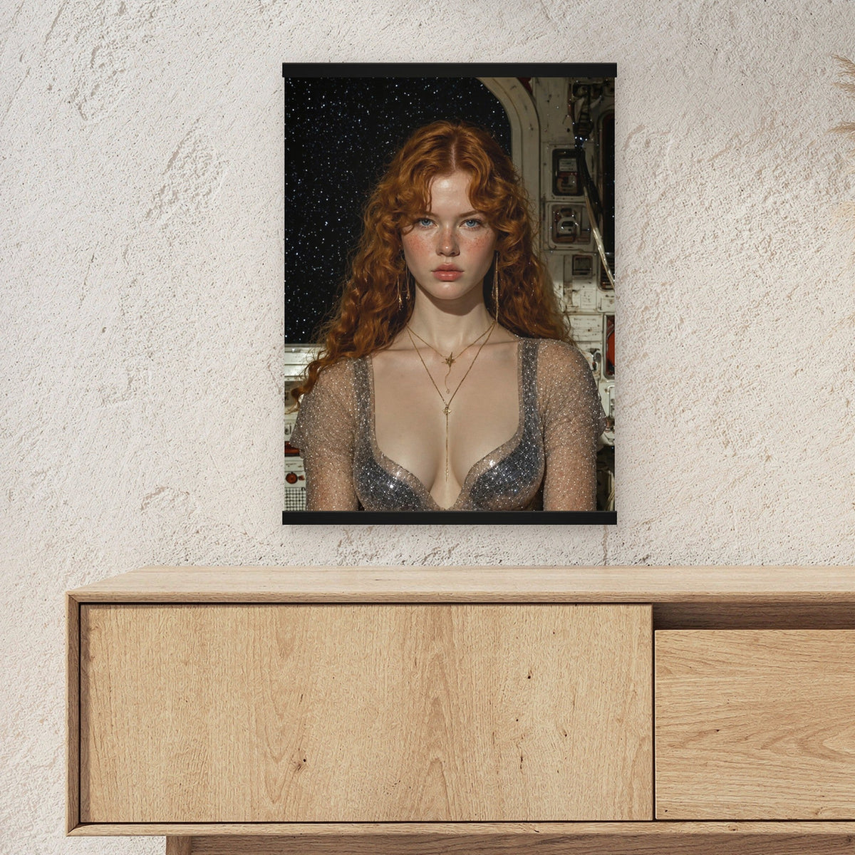 Sternenbrand als Poster mit schwarzer Holzleiste ueber einem Sideboard, zeigt die Groesse im Raum