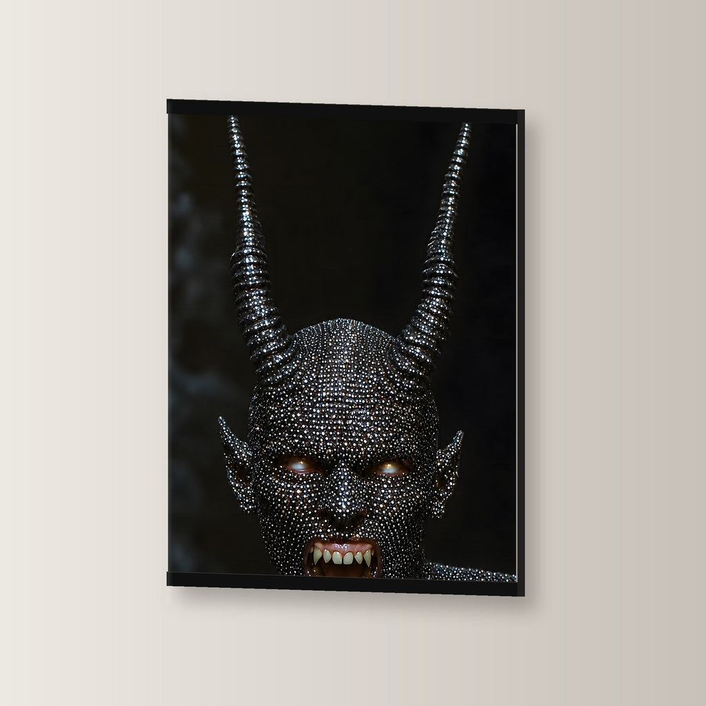 Höllenfürst als Poster mit schwarzer Holzleiste, leicht gedreht an der Wand fotografiert