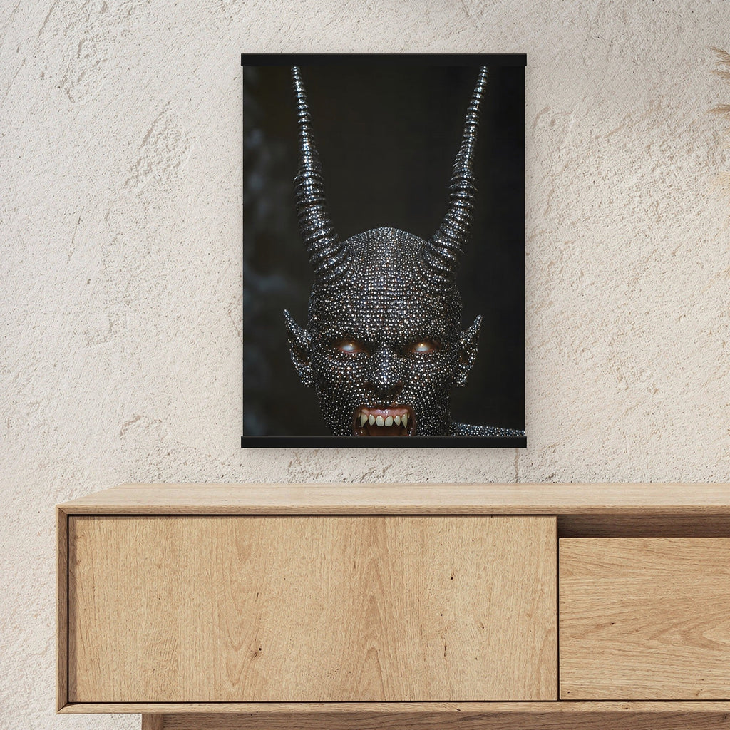 Höllenfürst als Poster mit schwarzer Holzleiste ueber einem Sideboard, zeigt die Groesse im Raum