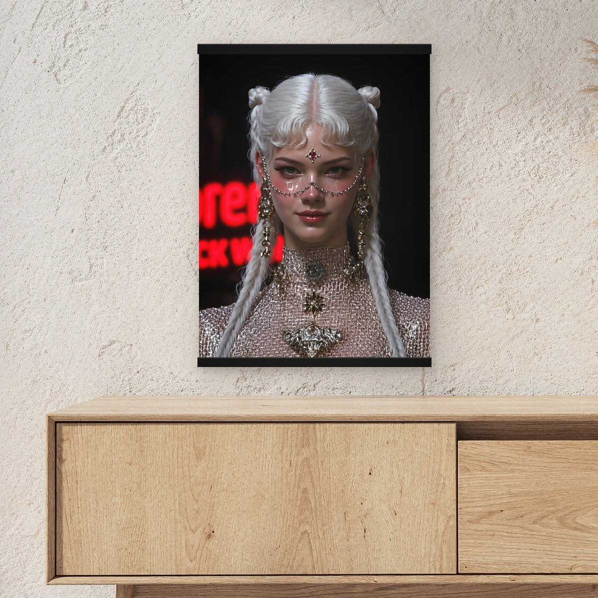 Blutrubin als Poster mit schwarzer Holzleiste ueber einem Sideboard, zeigt die Groesse im Raum