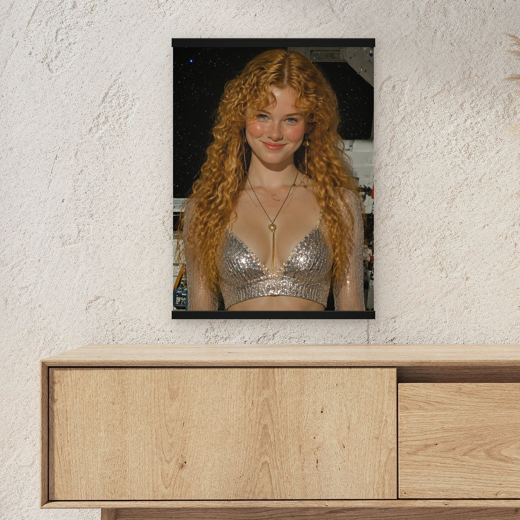 Silberrausch als Poster mit schwarzer Holzleiste ueber einem Sideboard, zeigt die Groesse im Raum