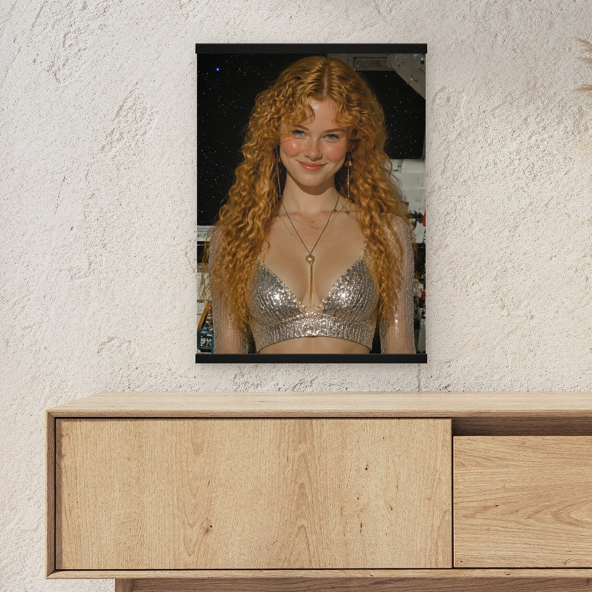 Silberrausch als Poster mit schwarzer Holzleiste ueber einem Sideboard, zeigt die Groesse im Raum