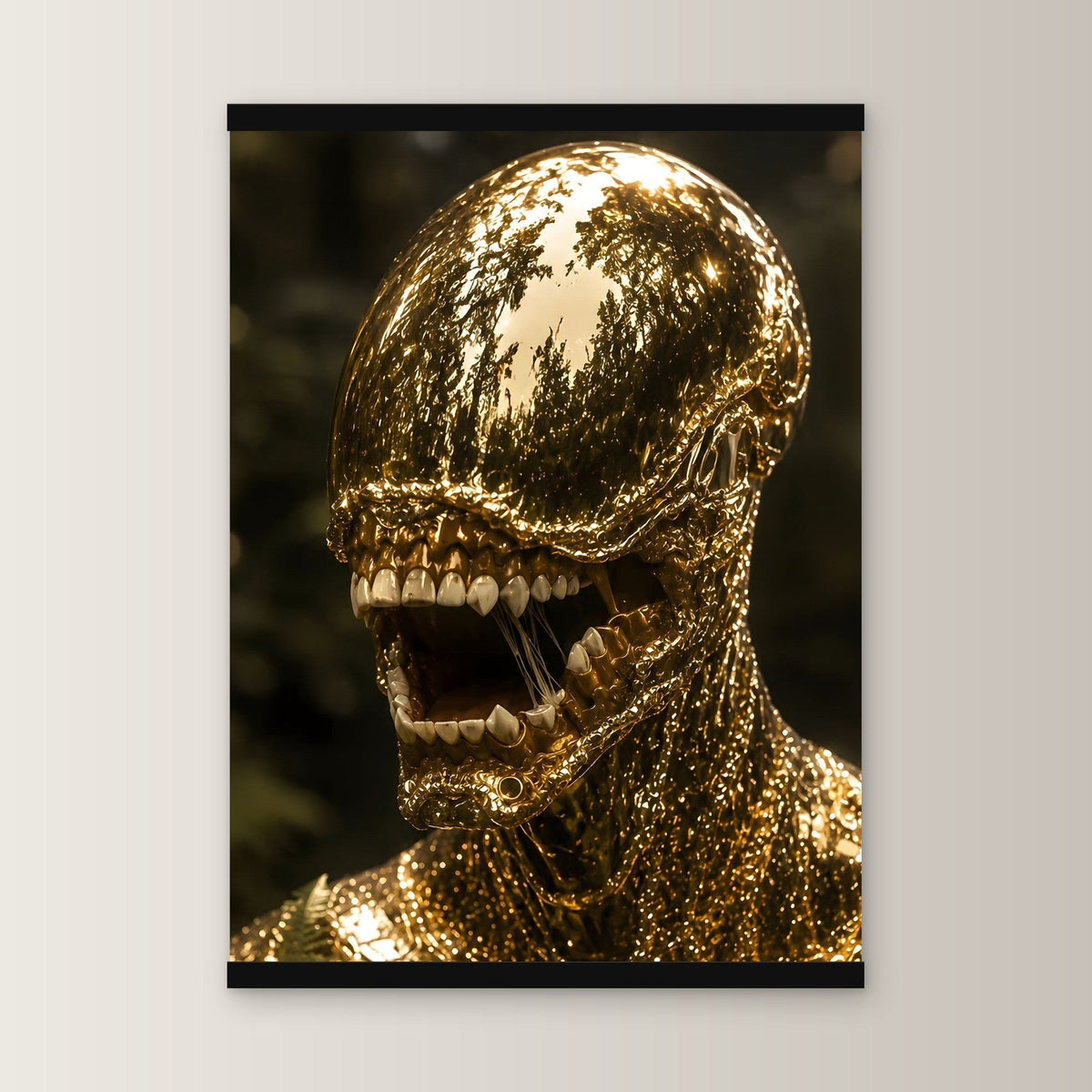 Goldbestie als Poster mit schwarzer Holzleiste, gerade von vorn an heller Wand