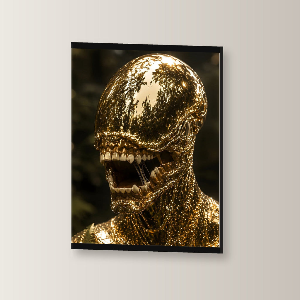 Goldbestie als Poster mit schwarzer Holzleiste, leicht gedreht an der Wand fotografiert