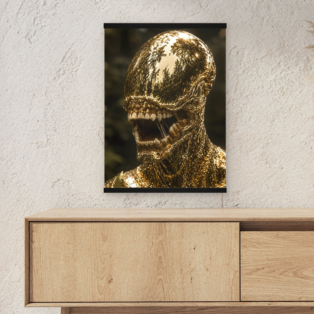 Goldbestie als Poster mit schwarzer Holzleiste ueber einem Sideboard, zeigt die Groesse im Raum