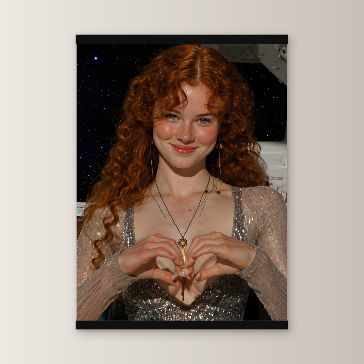 Herzschlag als Poster mit schwarzer Holzleiste, gerade von vorn an heller Wand