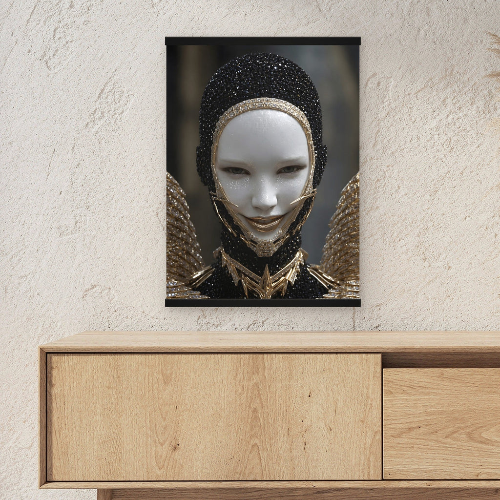 Obsidianengel als Poster mit schwarzer Holzleiste ueber einem Sideboard, zeigt die Groesse im Raum