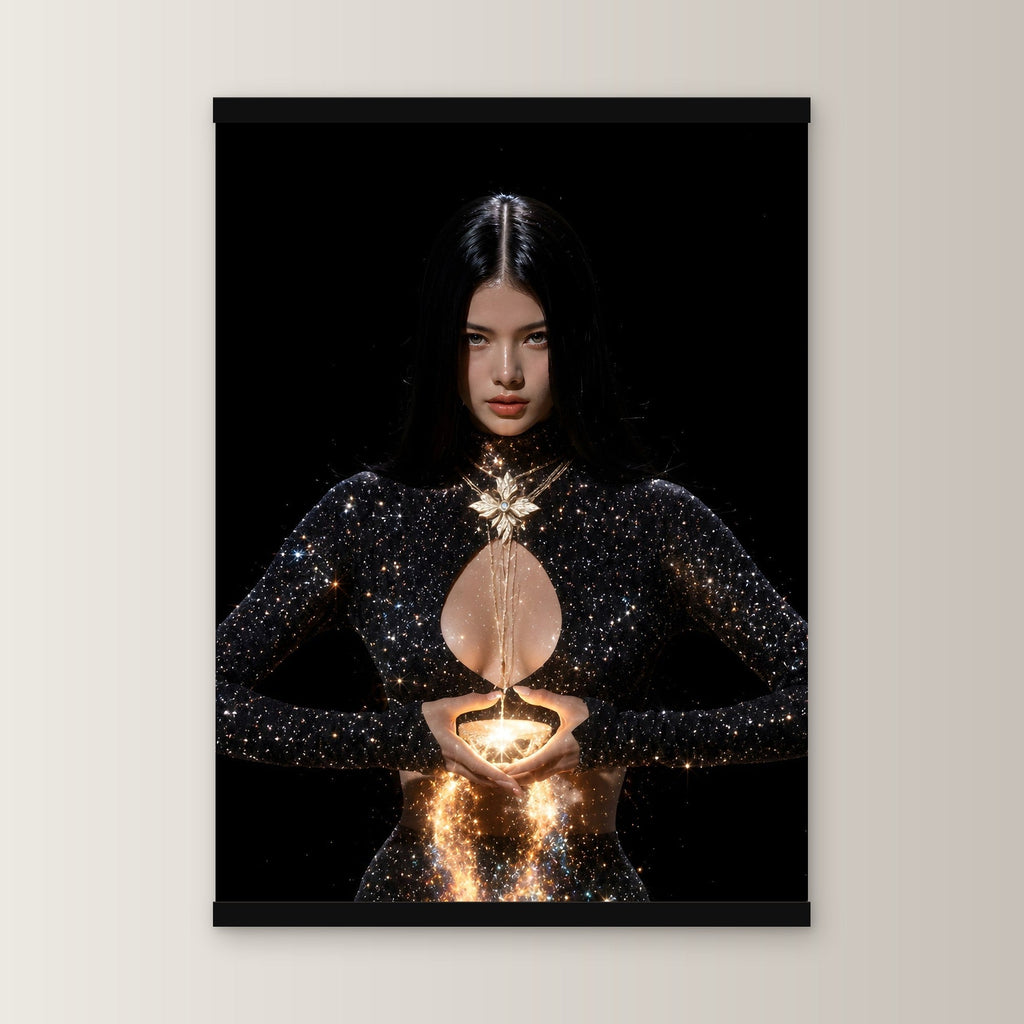 Lichtträgerin als Poster mit schwarzer Holzleiste, gerade von vorn an heller Wand