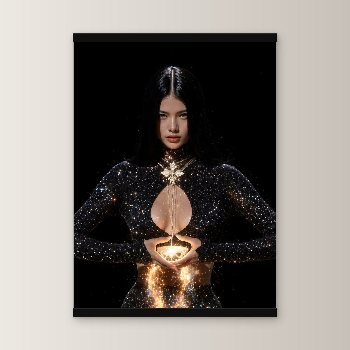 Lichtträgerin als Poster mit schwarzer Holzleiste, gerade von vorn an heller Wand