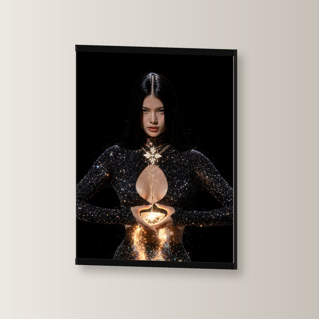 Lichtträgerin als Poster mit schwarzer Holzleiste, leicht gedreht an der Wand fotografiert