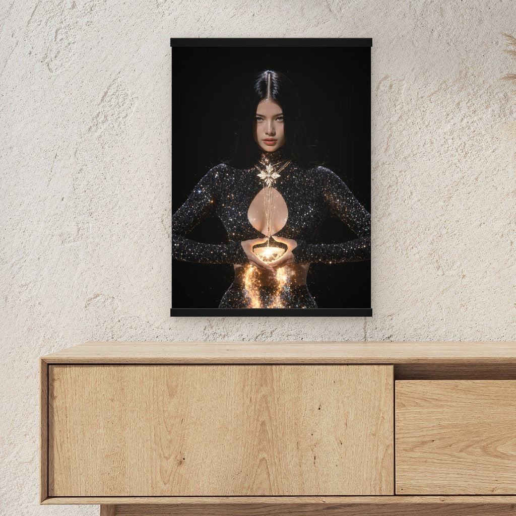 Lichtträgerin als Poster mit schwarzer Holzleiste ueber einem Sideboard, zeigt die Groesse im Raum