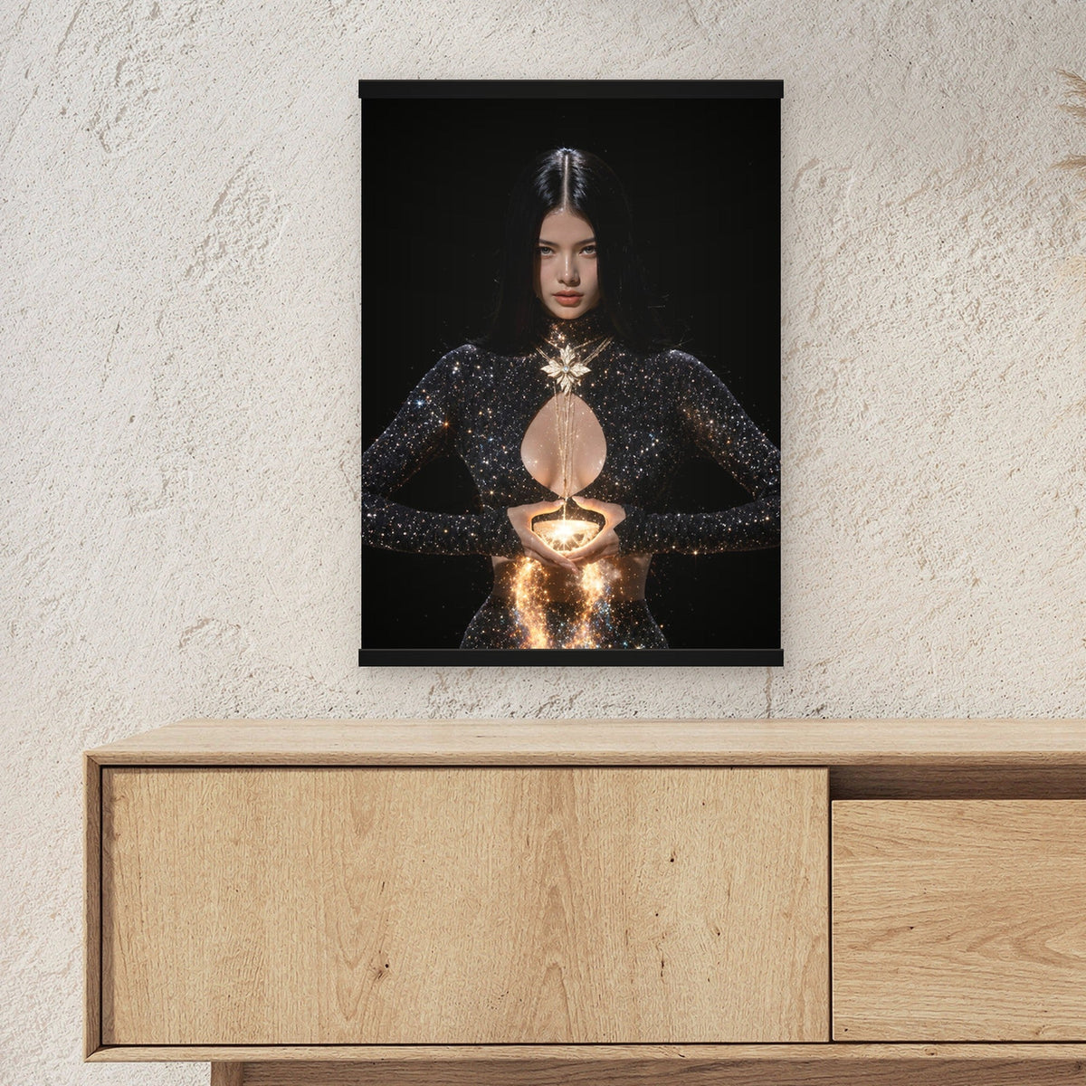 Lichtträgerin als Poster mit schwarzer Holzleiste ueber einem Sideboard, zeigt die Groesse im Raum