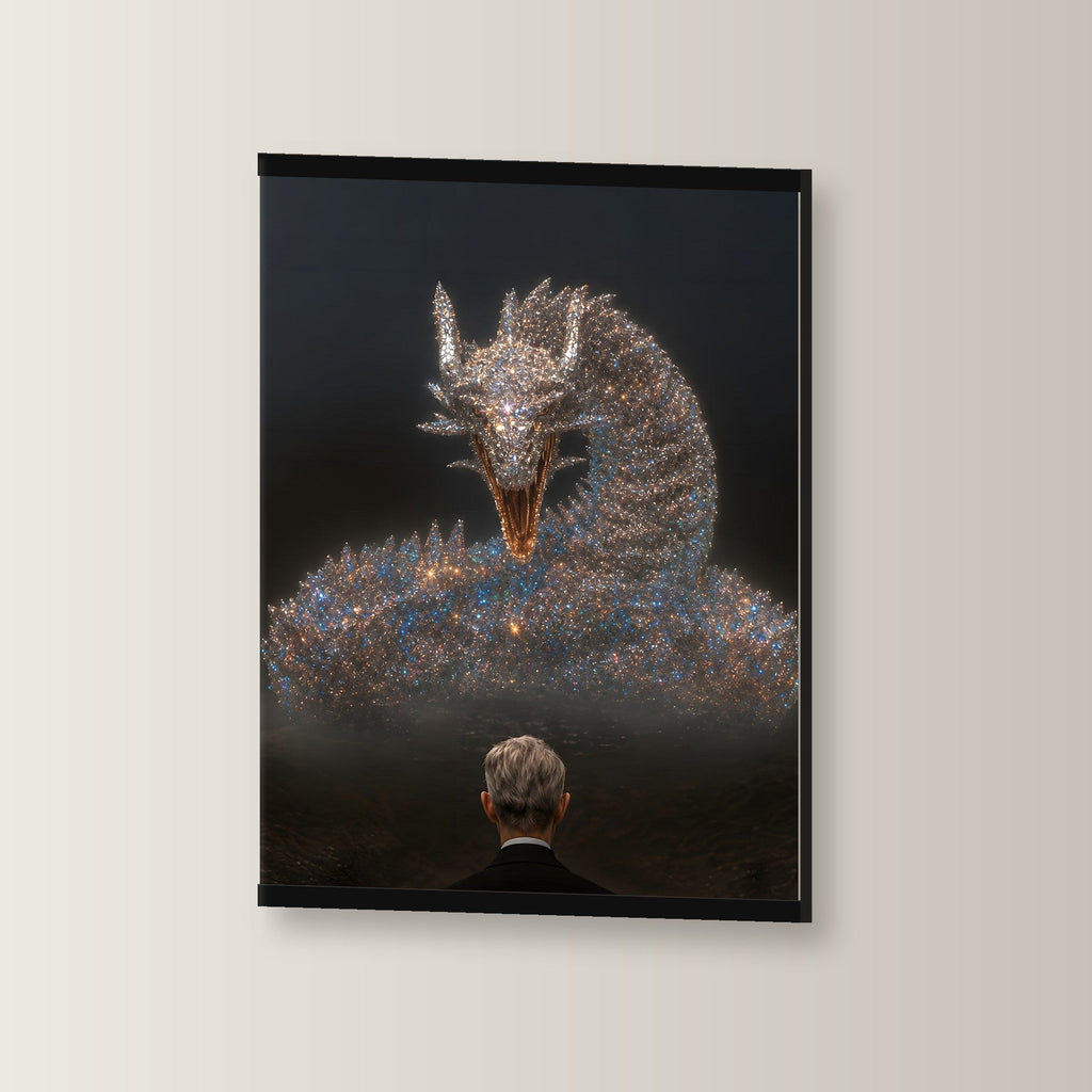 Der Silberdrache als Poster mit schwarzer Holzleiste, leicht gedreht an der Wand fotografiert