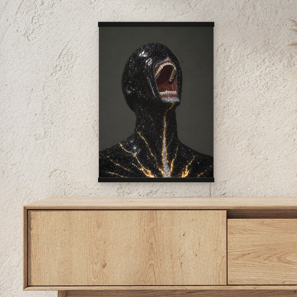 Sternenbruch als Poster mit schwarzer Holzleiste ueber einem Sideboard, zeigt die Groesse im Raum