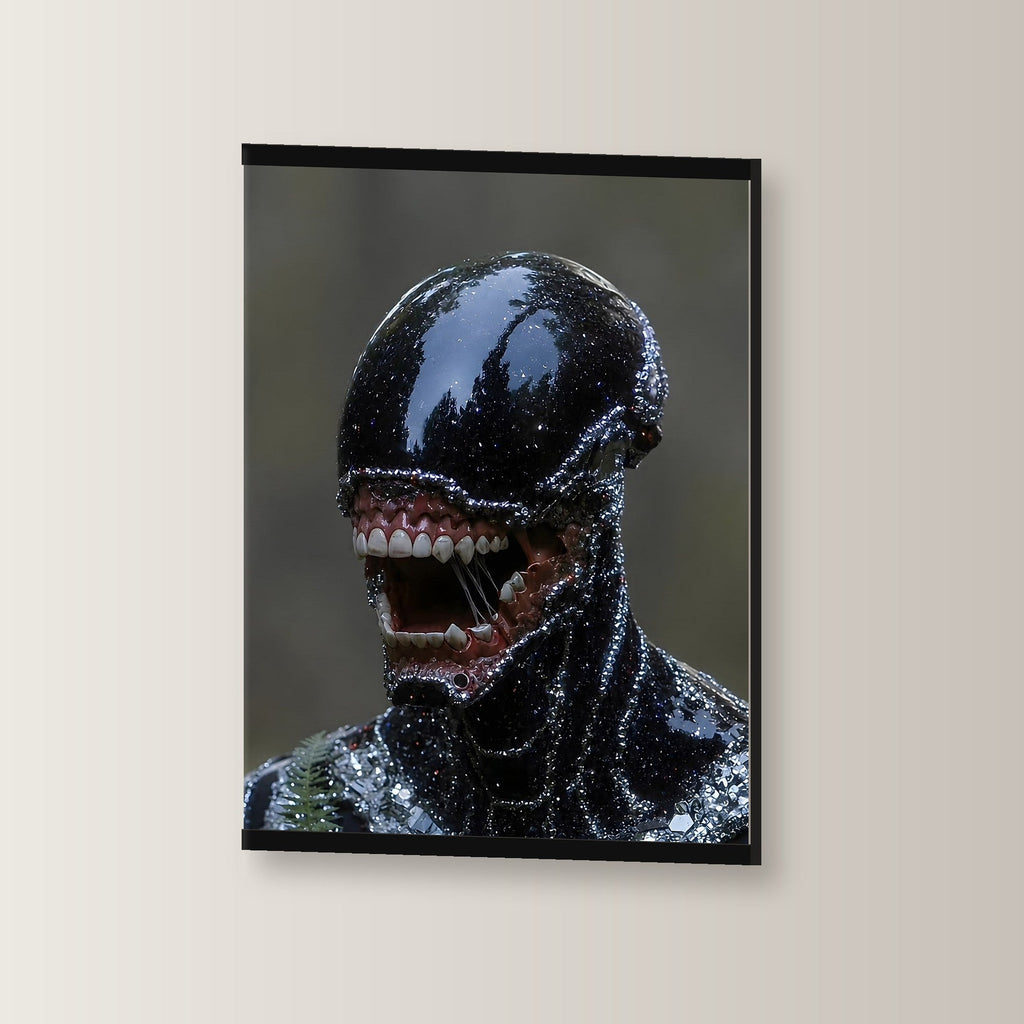 Der Schattenwandler als Poster mit schwarzer Holzleiste, leicht gedreht an der Wand fotografiert