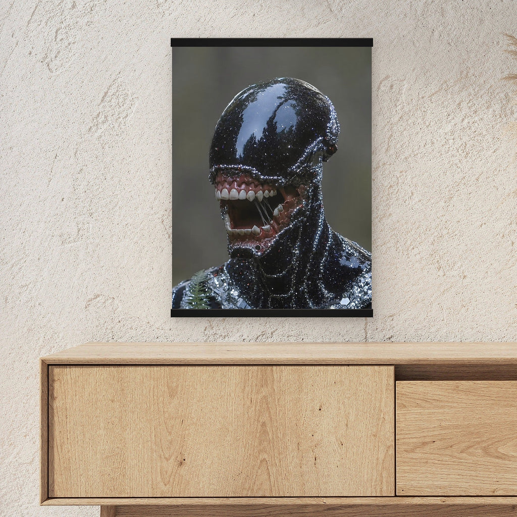 Der Schattenwandler als Poster mit schwarzer Holzleiste ueber einem Sideboard, zeigt die Groesse im Raum