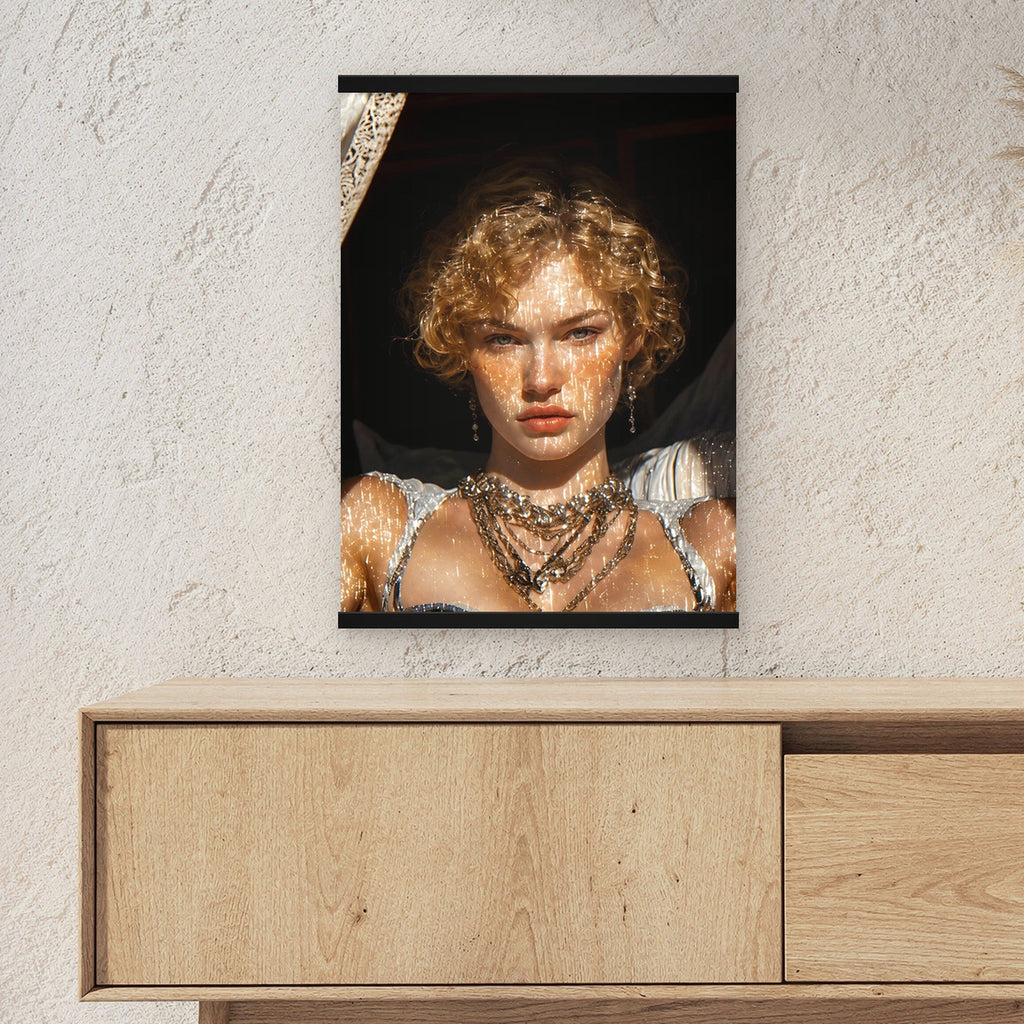 Nachtdiva als Poster mit schwarzer Holzleiste ueber einem Sideboard, zeigt die Groesse im Raum
