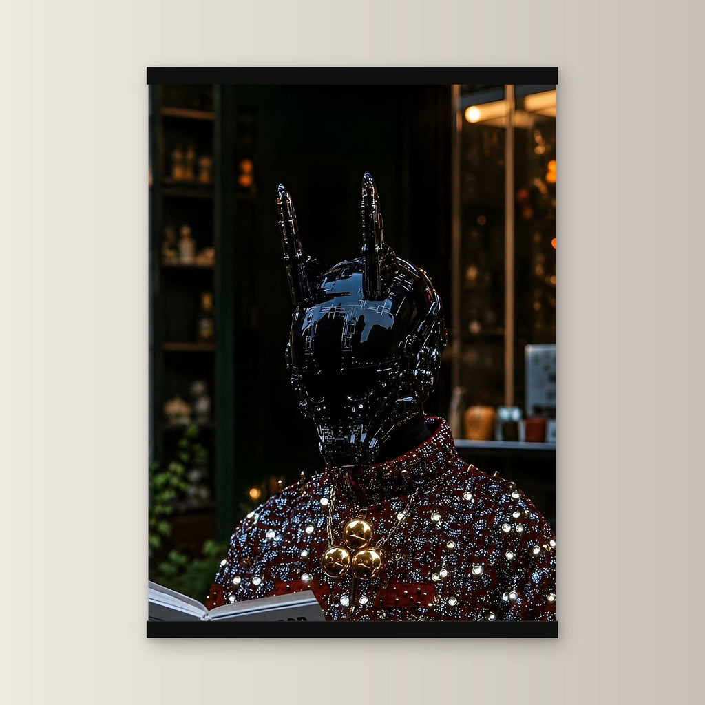 Der Alchemist als Poster mit schwarzer Holzleiste, gerade von vorn an heller Wand