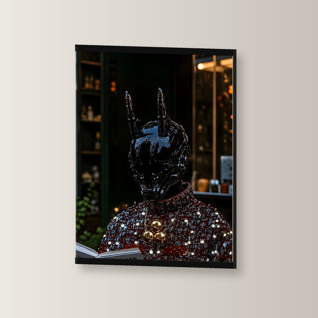 Der Alchemist als Poster mit schwarzer Holzleiste, leicht gedreht an der Wand fotografiert