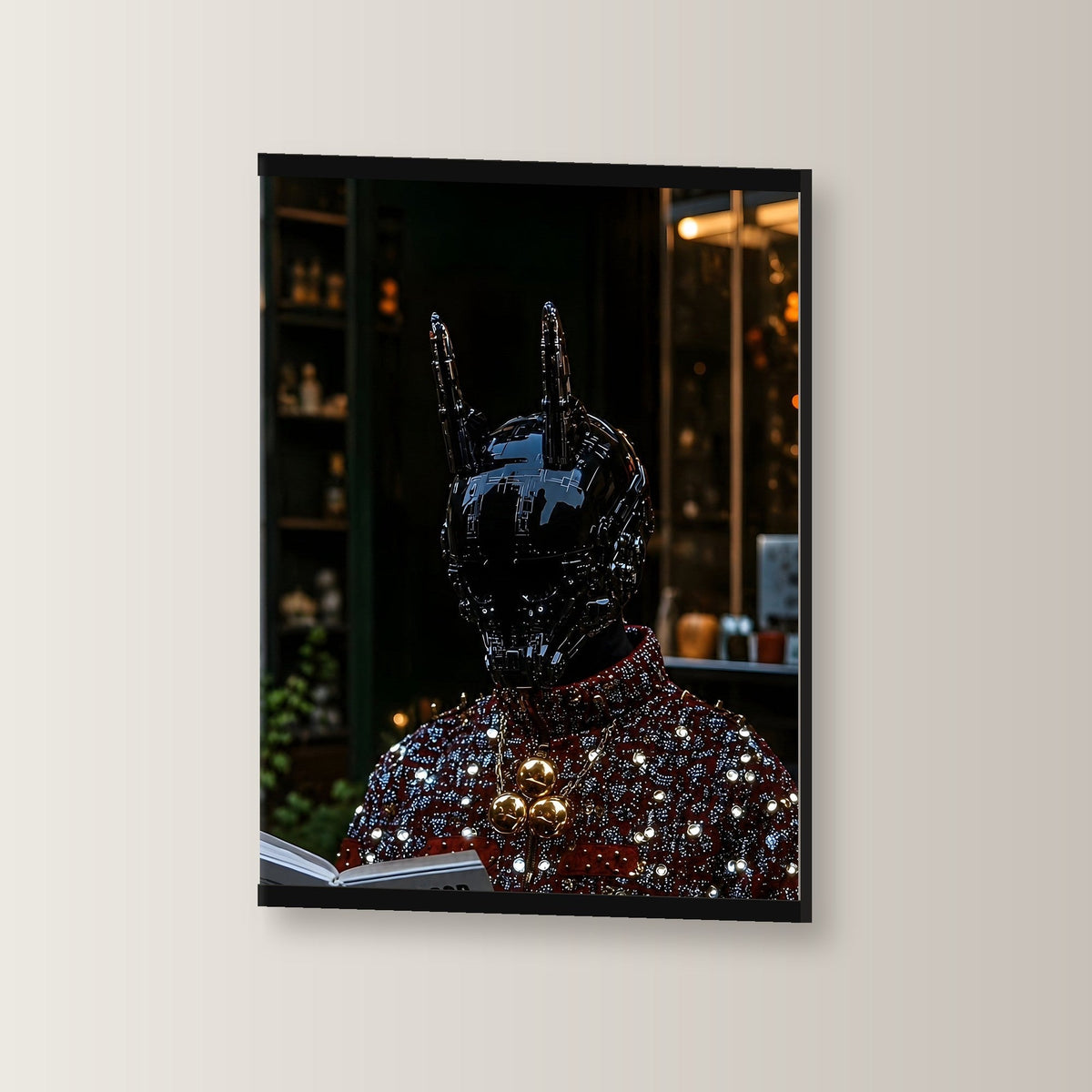 Der Alchemist als Poster mit schwarzer Holzleiste, leicht gedreht an der Wand fotografiert