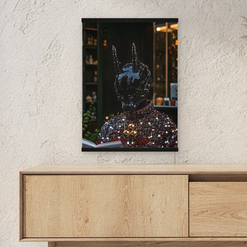Der Alchemist als Poster mit schwarzer Holzleiste ueber einem Sideboard, zeigt die Groesse im Raum