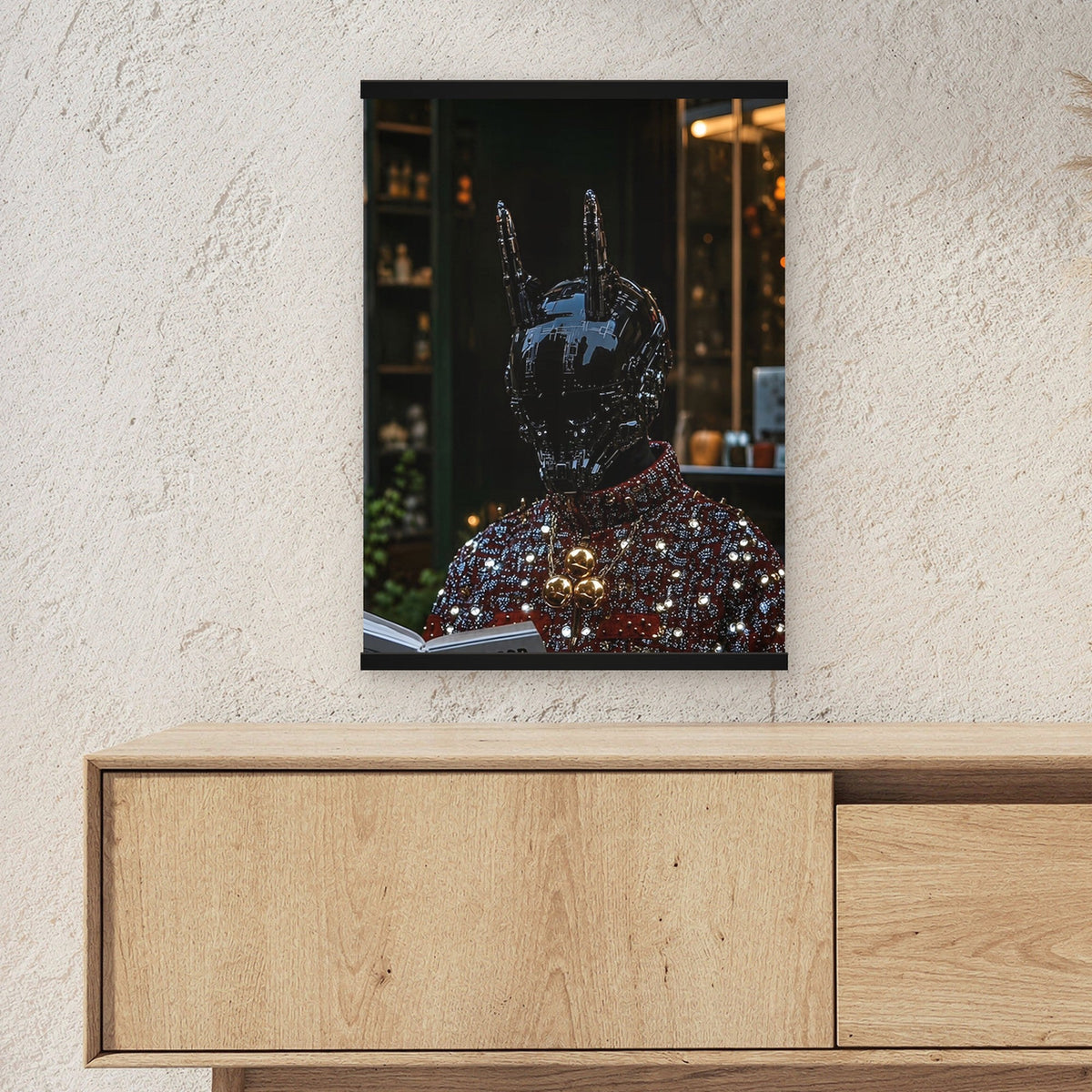 Der Alchemist als Poster mit schwarzer Holzleiste ueber einem Sideboard, zeigt die Groesse im Raum