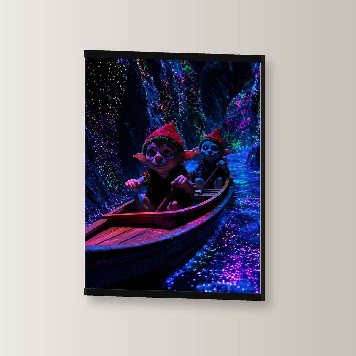 Fahrt ins Licht als Poster mit schwarzer Holzleiste, leicht gedreht an der Wand fotografiert