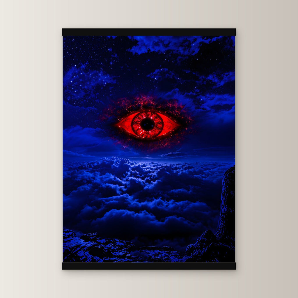 Das Auge im Sturm als Poster mit schwarzer Holzleiste, gerade von vorn an heller Wand