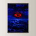 Das Auge im Sturm als Poster mit schwarzer Holzleiste, gerade von vorn an heller Wand